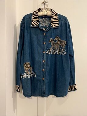 Blue Denim Button-Down Shirt with Zebra Embroidery and Contrast Collar